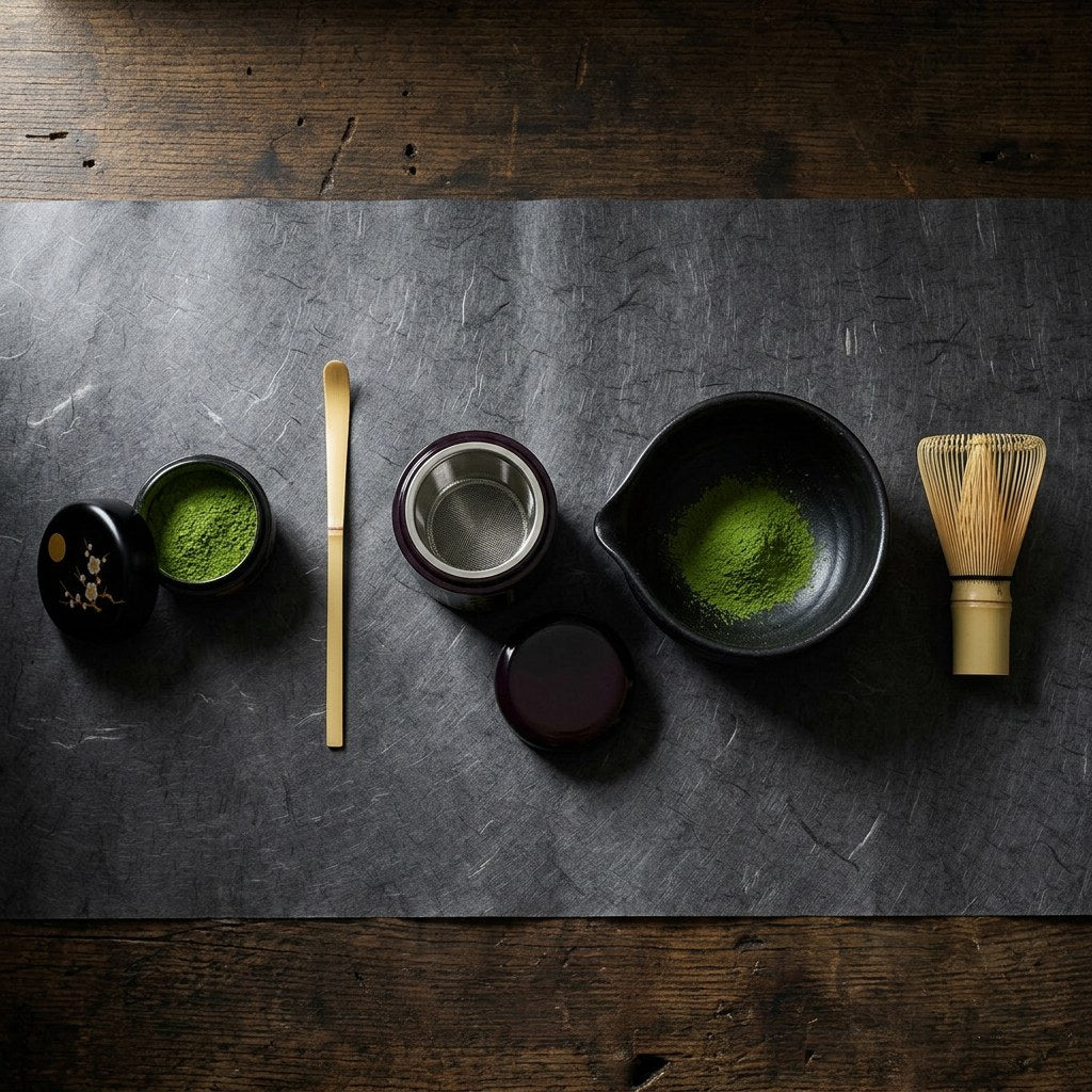 The five pieces laid out in the order you use them: the maki-e caddy open with matcha, the bamboo scoop, the earlier brown sifter with its mesh, the spouted black bowl with sifted matcha, and the Takayama whisk