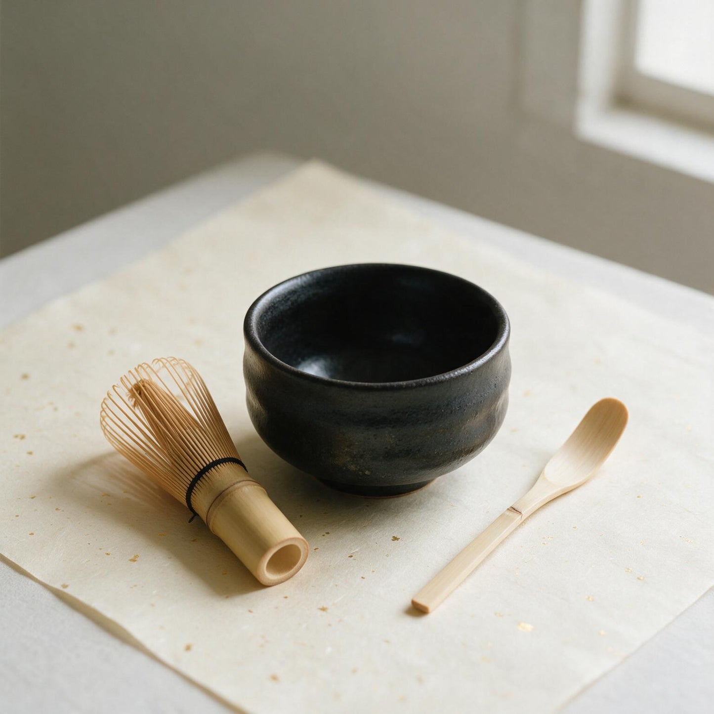 Matcha starter set with bamboo chasen whisk, seen from above
