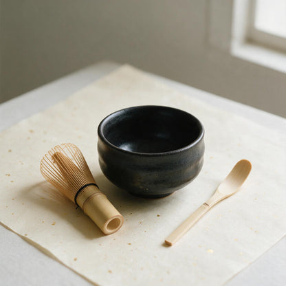Matcha starter set with bamboo chasen whisk, seen from above