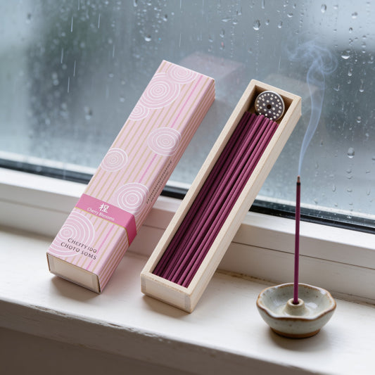 A box of Hyakurakukou Sakura incense, a tray of pink sticks and a lit stick on a windowsill on a rainy day