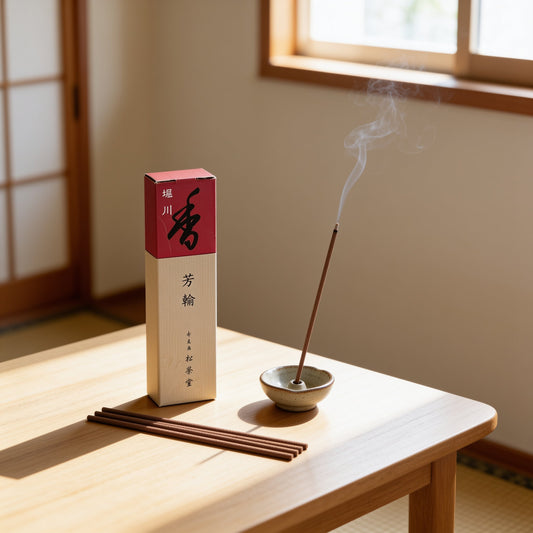 A box of Horin Horikawa incense from Shoyeido beside a lit stick in a small holder on a table by a shoji window