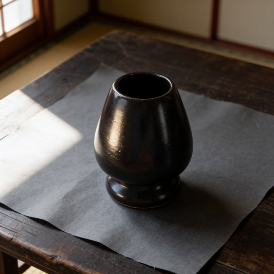 Glossy dark brown-black ceramic kusenaoshi, a matcha whisk shaper, on washi paper. The egg-shaped body is hollow and open at the top, with a narrow waist and a flat round foot