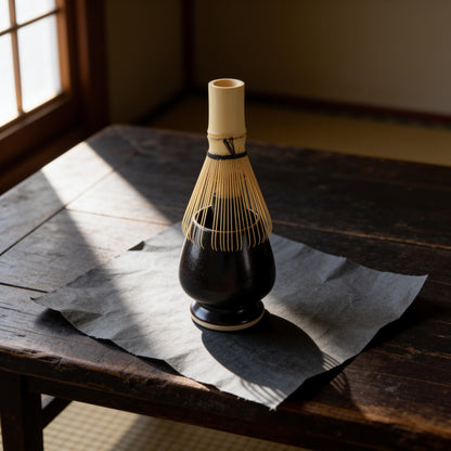 A bamboo matcha whisk resting head-down over the kusenaoshi, the tines spread around its rounded body