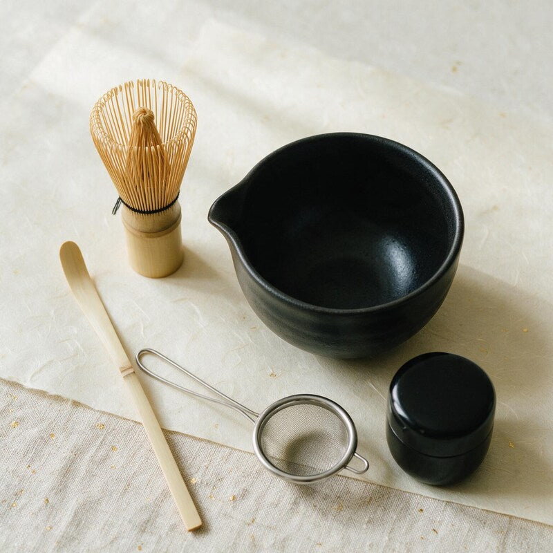 Complete Japanese matcha set: whisk, spouted bowl, scoop, sifter and caddy