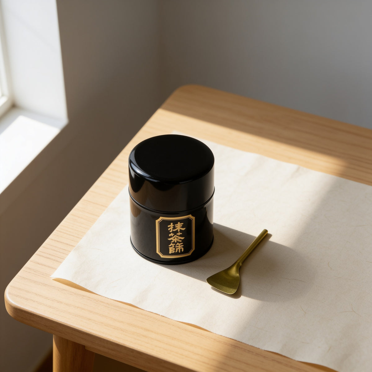 A black tin matcha sifter with a gold-framed label reading 抹茶篩, lid closed, a small brass spatula beside it