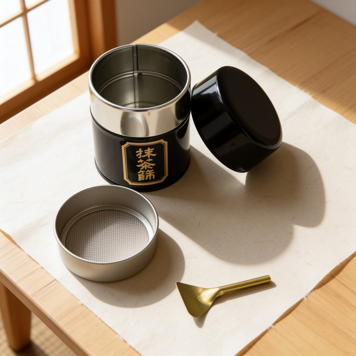 The sifter opened: the black tin with its silver rim, the lid, the shallow round mesh tray lifted out, and the brass spatula