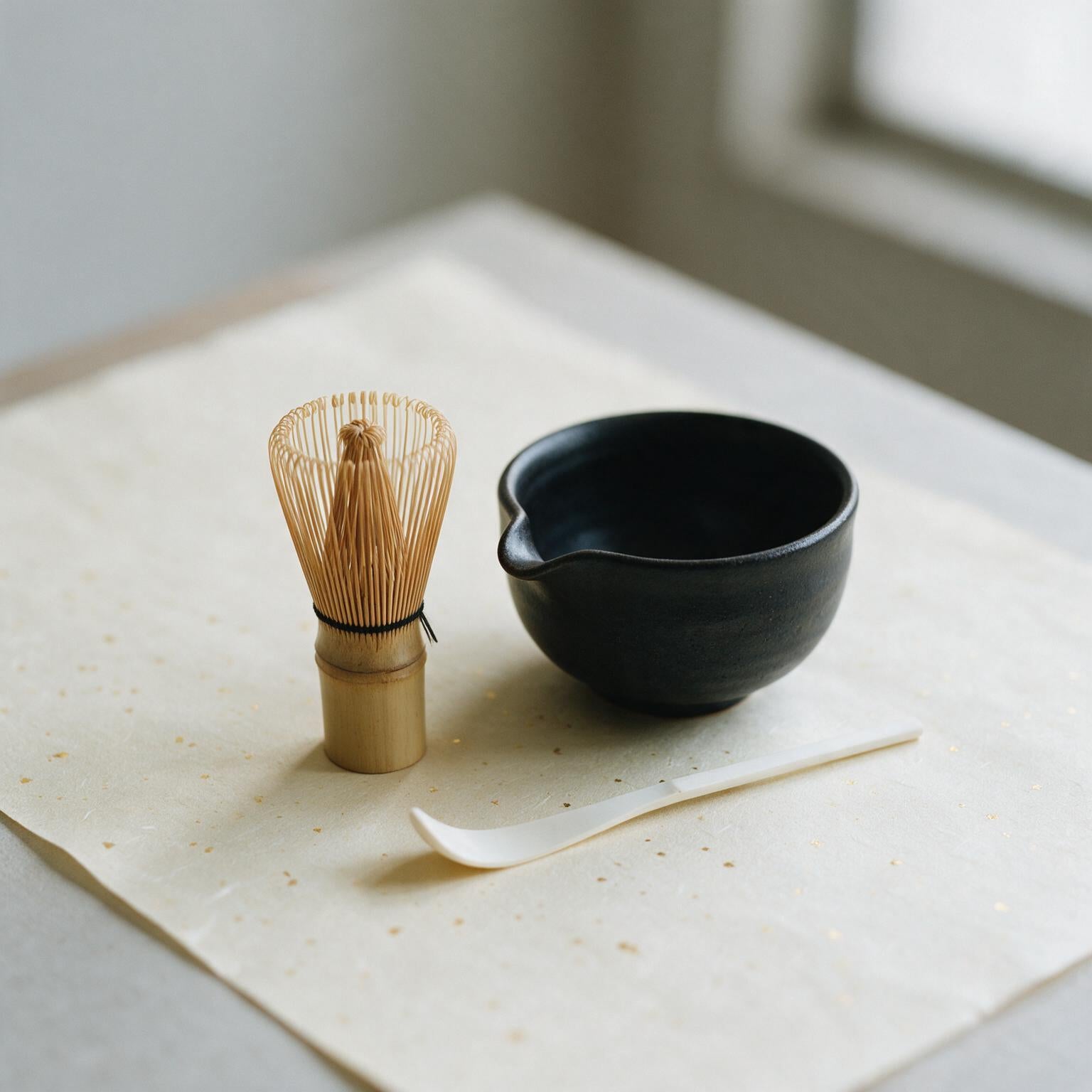 Matcha starter set: bamboo chasen whisk, black Mino-yaki bowl with pour spout, and white-bamboo scoop