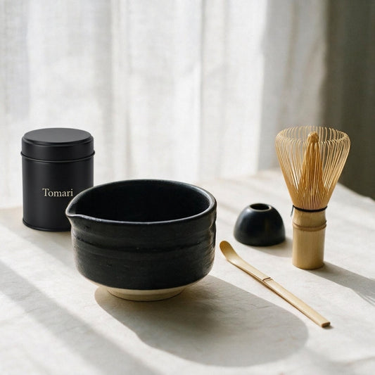 What is in the box: the Uji matcha tin, Mino-yaki bowl, Takayama chasen, whisk shaper and bamboo scoop