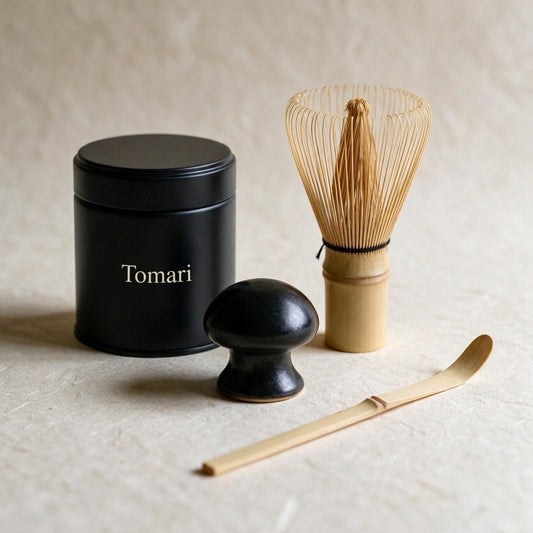 What is in the box: the Uji matcha tin, a Takayama chasen, the kusenaoshi whisk shaper and a bamboo chashaku